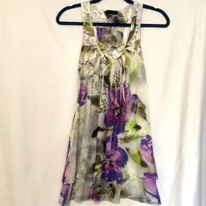 Crimson Ivy Floral High/Low Beaded Racerback Tank Top Blouse Size Small